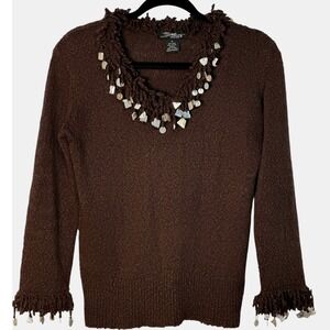 SML Design Embellished Fringe Trim‎ Knit Sweater Boho Ramie Cotton Blend Brown M